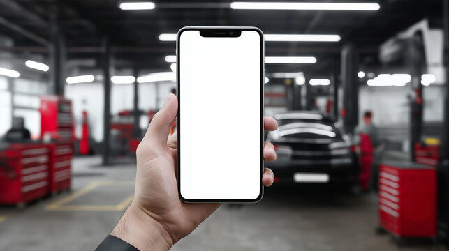 Hand Holding Smartphone with Blank Screen in Auto Repair Workshop