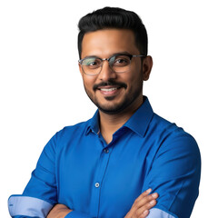 Young man with glasses and blue shirt smiling confidently in studio portrait