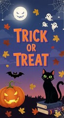 Black cat sits atop books with a pumpkin and bat under floating ghosts and a moon in a Halloween graphic.