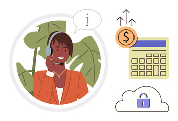 Obraz na płótnie Canvas Smiling agent with headset and speech bubble. Calculator, dollar icon, and locked cloud. Ideal for customer service, finance, data security, tech support, remote work communication simple flat