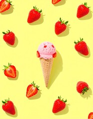Strawberry ice cream cone on yellow background