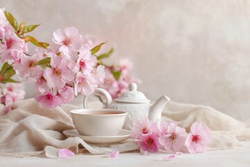 Delicate pink cherry blossoms and tea set on linen cloth