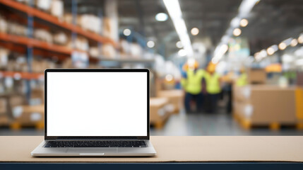 Warehouse Logistics Scene with Laptop Mockup and Workers in Motion