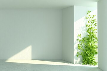 Minimalist, bright room with ivy. Sunlight streams through a wall opening