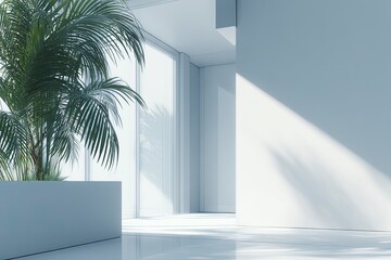 Light-filled, modern interior with palm tree