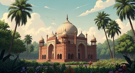 A grand, ancient indian tomb with a large dome and minarets, surrounded by palm trees and a vibrant garden