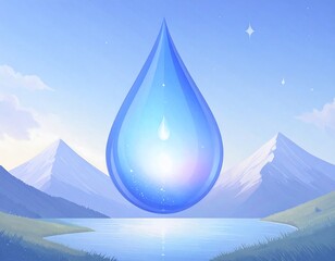 A luminous blue water drop over a tranquil landscape