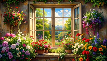 A vibrant window view of a garden