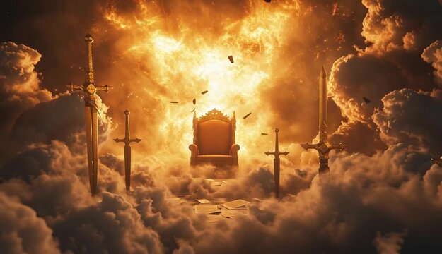 A heavenly throne glowing above the clouds, light bursting through the skies, a lamb&rsquo;s shadow at the foot of the throne, scrolls and swords