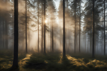 Obraz premium Misty forest at sunrise