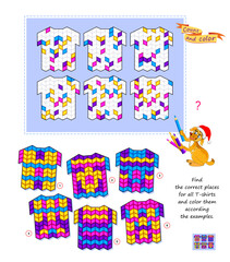 Logic puzzle game for kids. Find the correct places for all T-shirts and color them according the examples. Coloring book. Develop spatial thinking and counting skills. Brain teaser book. Vector image