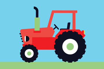 Minimalist Illustration of a Red Tractor on a Grass Field Background