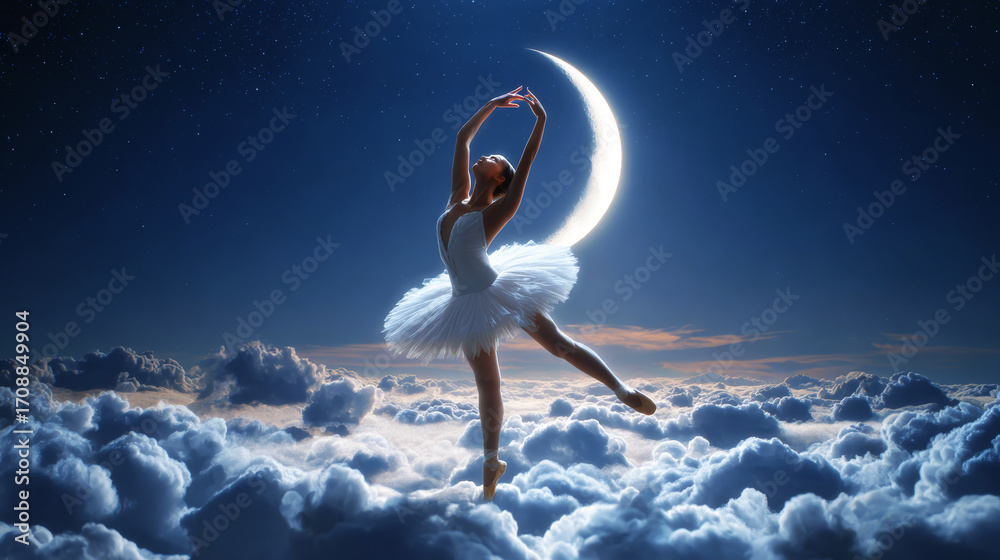 Canvas Prints a ballerina dances on the clouds against the backdrop of the moon.
