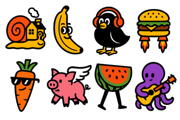 Quirky animal and food silhouette icon set. featuring snail, banana, bird, burger, carrot, pig, watermelon, and octopus