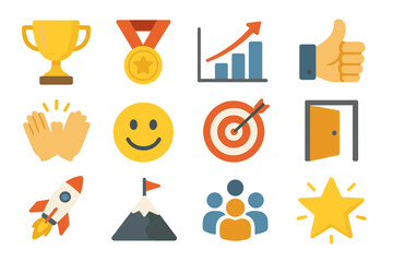 Business success flat icon set. featuring trophy, medal, chart, thumbs-up, applause, smiley, target, door, rocket, mountain, team, star