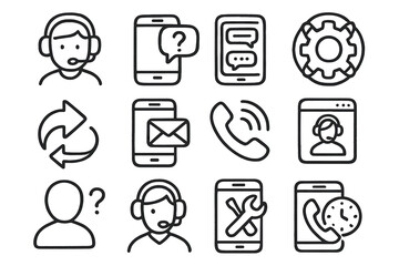 Customer support linear icon set. featuring headset, smartphone, chat, settings, sync, email, call, user symbols