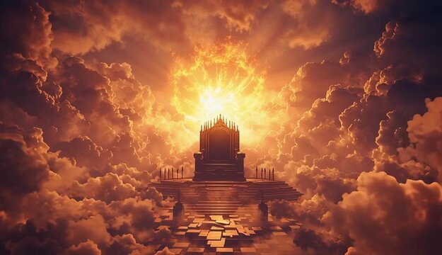 A heavenly throne glowing above the clouds, light bursting through the skies, a lamb&rsquo;s shadow at the foot of the throne, scrolls and swords