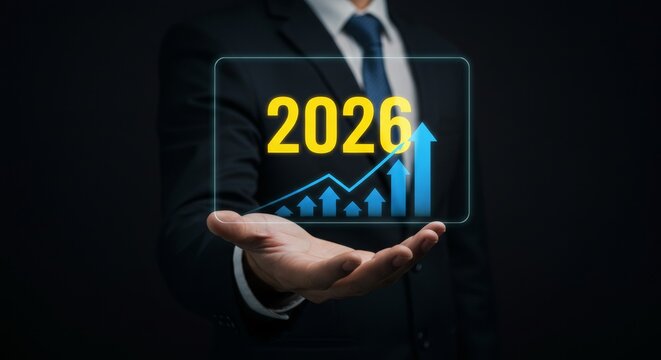 A hand in a suit holding a glowing holographic display, large yellow text “2026” above blue upward-pointing arrows, symbolizing growth and progress, dark background, futuristic optimistic theme.