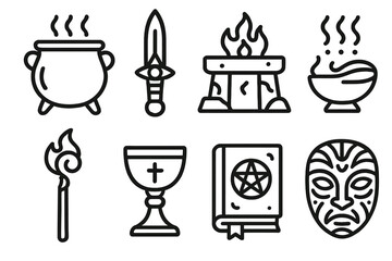 Magic and ritual linear icon set. featuring cauldron, dagger, altar, bowl, torch, chalice, spellbook, mask symbols