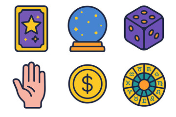 Fortune telling flat icons set. featuring tarot card, crystal ball, dice, palm, coin, zodiac wheel