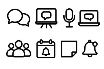 Communication linear icon set. featuring chat, computer, microphone, group, calendar, and notification