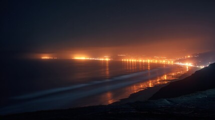 A long trail of glowing lights leads across the ocean,  light illuminating its way through the foggy weather conditions.