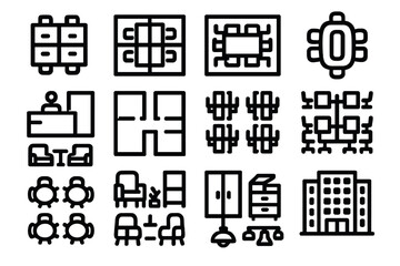Office layout linear icon set. featuring desks, conference tables, reception, floor plans, cubicles, and office building