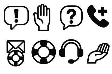 Customer support silhouette icon set. featuring alert, hand, question, phone, email, lifebuoy, headset symbols