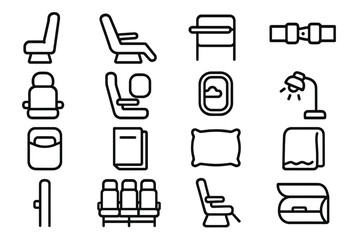 Airplane seats linear icon set. featuring cabin interiors, seatbelt, window views, reading lamp, and armrest symbols