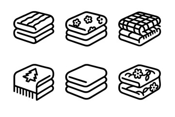 Blanket designs silhouette icon set. featuring patterns like stripes, floral, plaid, and geometric