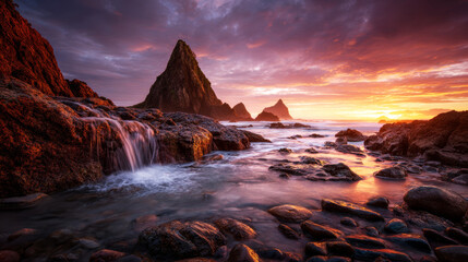 Fototapeta premium Sunset over the ocean, beautiful sea landscape with rocks on the shore.