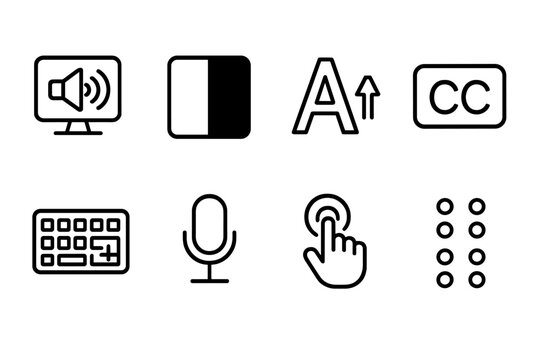 Accessibility silhouette icon set. featuring sound, contrast, text size, closed captioning, keyboard, microphone, touch, braille