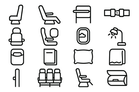 Airplane seats linear icon set. featuring cabin interiors, seatbelt, window views, reading lamp, and armrest symbols