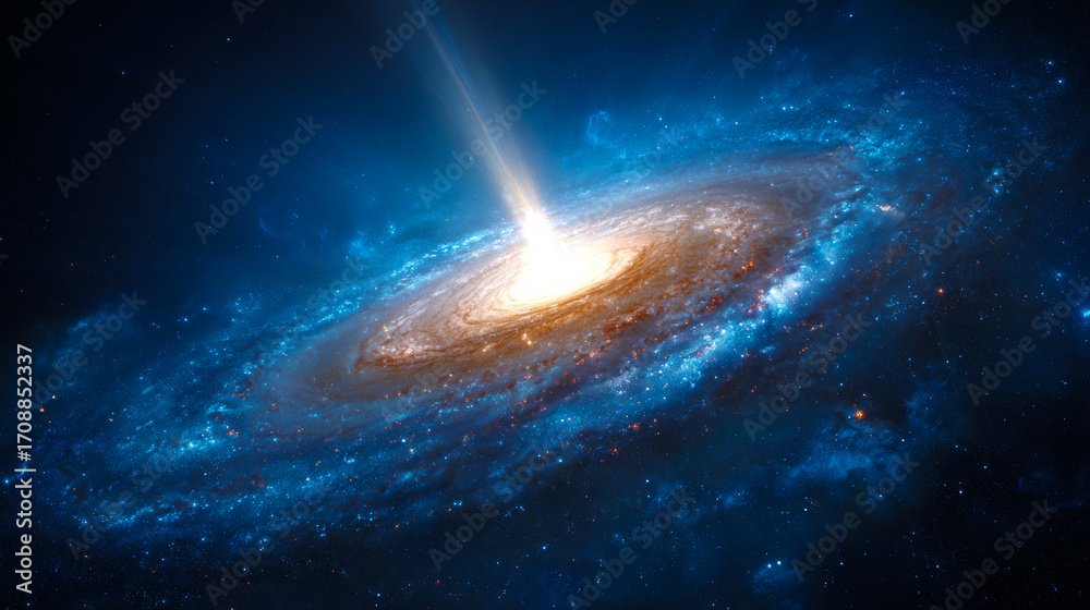 Wall mural a spiral galaxy, centered in the frame with a beam of light emanating from its core