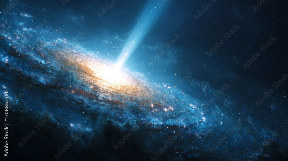 Canvas Prints a spiral galaxy, centered in the frame with a beam of light emanating from its core