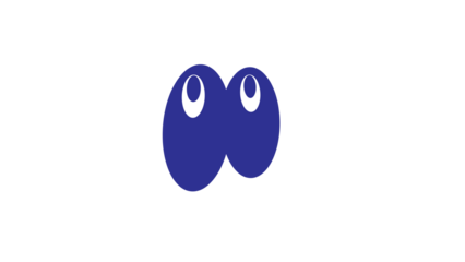 Two bright blue oval shapes with large white pupils stare out from the darkness.