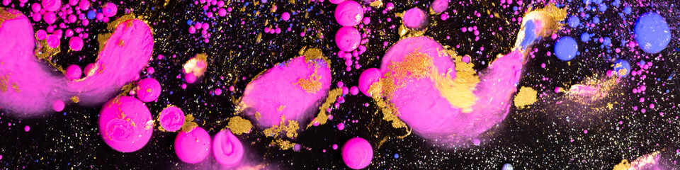 Abstract glamour background with neon pink gold glitter bubbles liquid texture luxury party fashion design