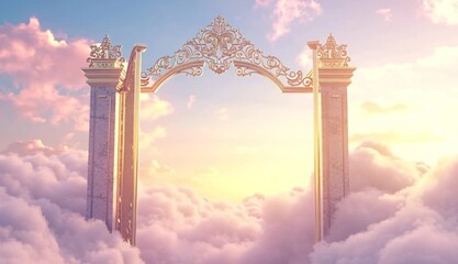 A majestic golden gate floating among the clouds, intricately designed with elegant filigree patterns. The gates are slightly open - Powered by Adobe