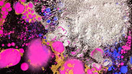Abstract glamour background with neon pink gold glitter bubbles liquid texture luxury party fashion design