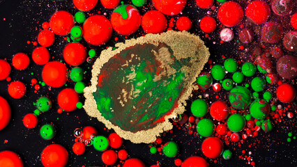 Christmas abstract background with red green gold bubbles liquid art texture holiday festive decoration design