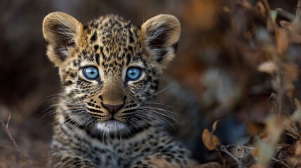 Fototapeta premium Portrait of adorable leopard cub with blue eyes, sitting on the ground.