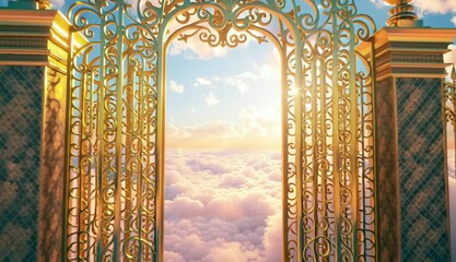 A majestic golden gate floating among the clouds, intricately designed with elegant filigree patterns. The gates are slightly open - Powered by Adobe