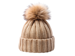 Beige knit beanie with faux fur pompom, isolated on a transparent background, png