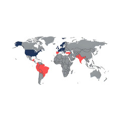Obraz premium World map with highlighted countries in red and blue isolated on transparent background