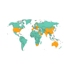 Fototapeta premium World map with highlighted regions in orange isolated on transparent background