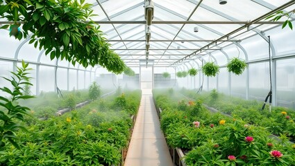 Interior view of a greenhouse with rows of plants and hanging baskets under a transparent roof structure