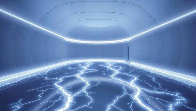 A futuristic room with glowing blue lights and a floor that looks like it has lightning running through it