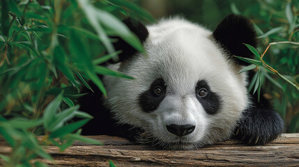 Obraz premium Giant panda resting in bamboo forest, chewing bamboo stalk, peaceful natural setting