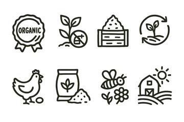 Eco-friendly farming icons: sustainability and organic agriculture symbol set