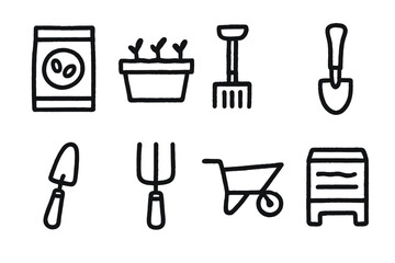 Minimalist gardening tools and supplies icons on dark background